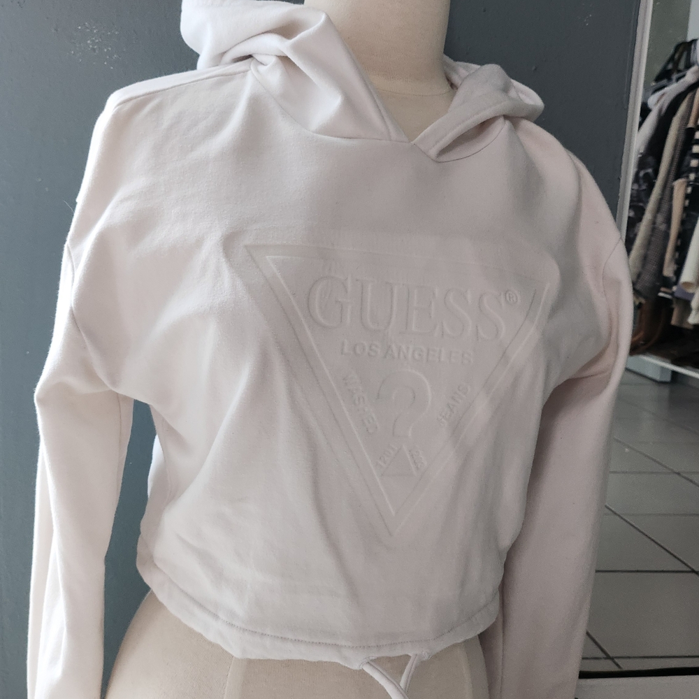 GUESS White Cropped Logo Hoodie for Women